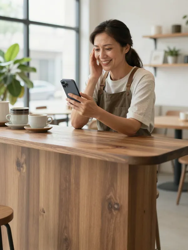 A cafe owner smiling at a phone behind the counter