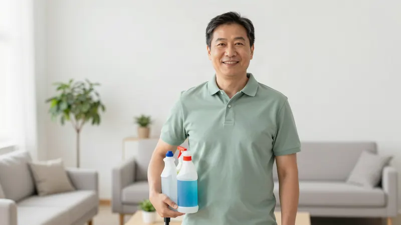 The owner of a cleaning business in a bright living room