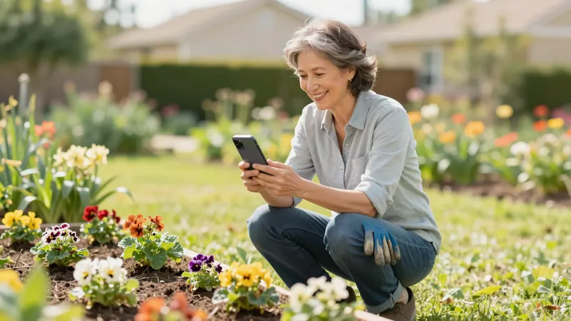 A gardener checking a phone among new flower beds