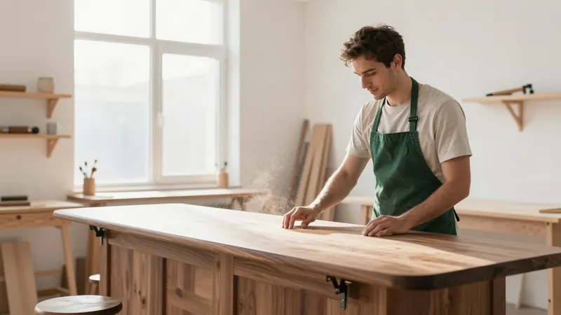 A carpenter finishing a walnut counter