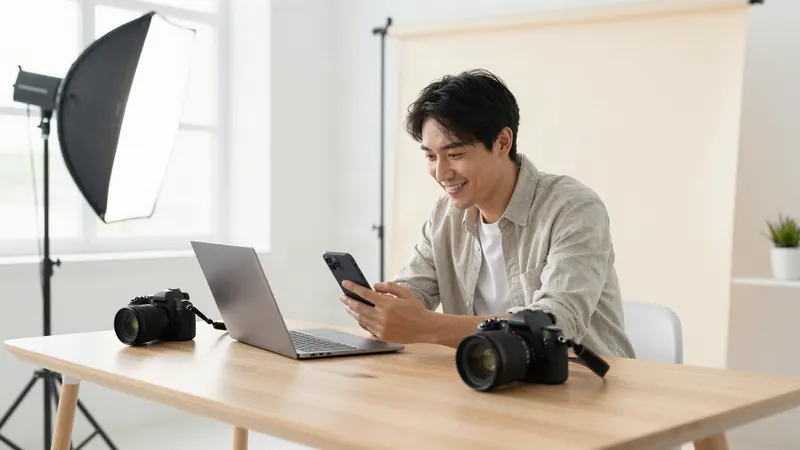 A photographer smiling at a phone in a studio