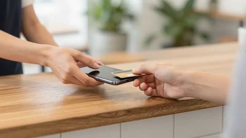 A customer taps a card on the back of an iPhone at a cafe counter