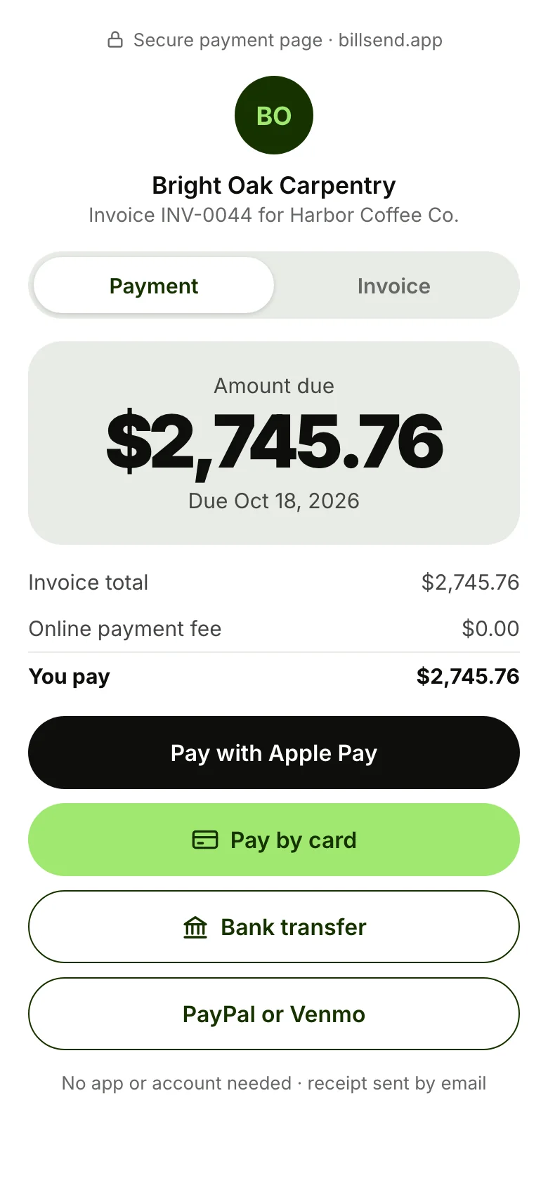 The checkout page with Apple Pay, card, bank transfer and PayPal or Venmo