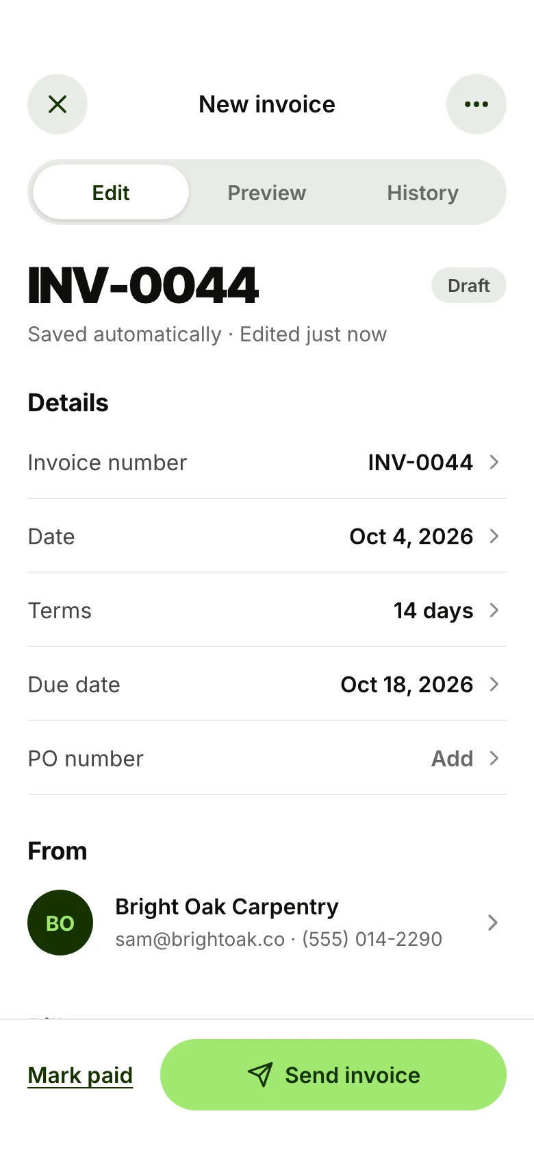 The BillSend invoice editor showing INV-0044 for Harbor Coffee Co.