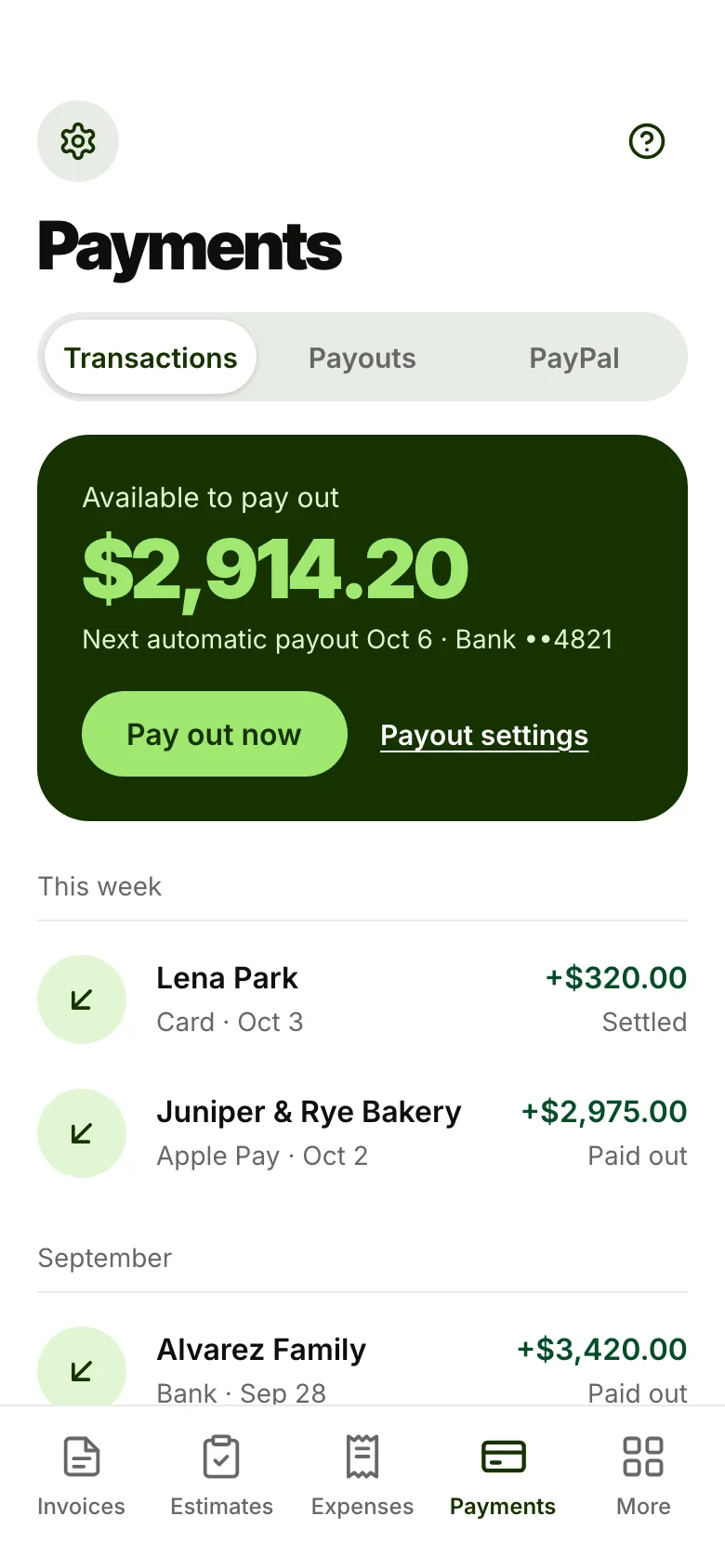 The Payments tab with $2,914.20 available to pay out