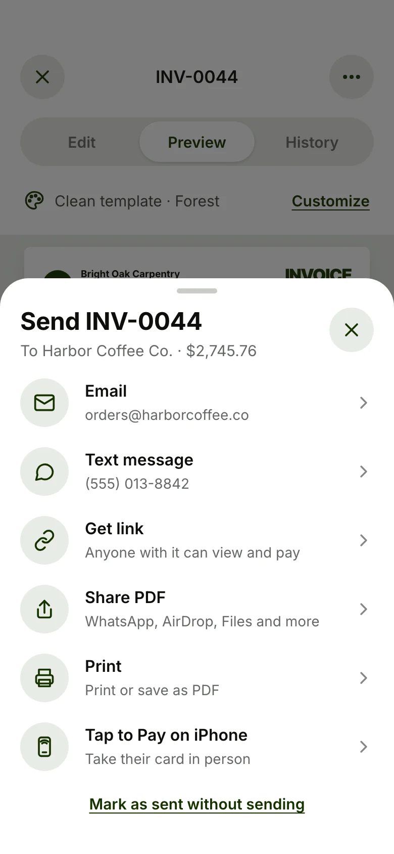 Send options: email, text message, link, PDF, print and Tap to Pay on iPhone